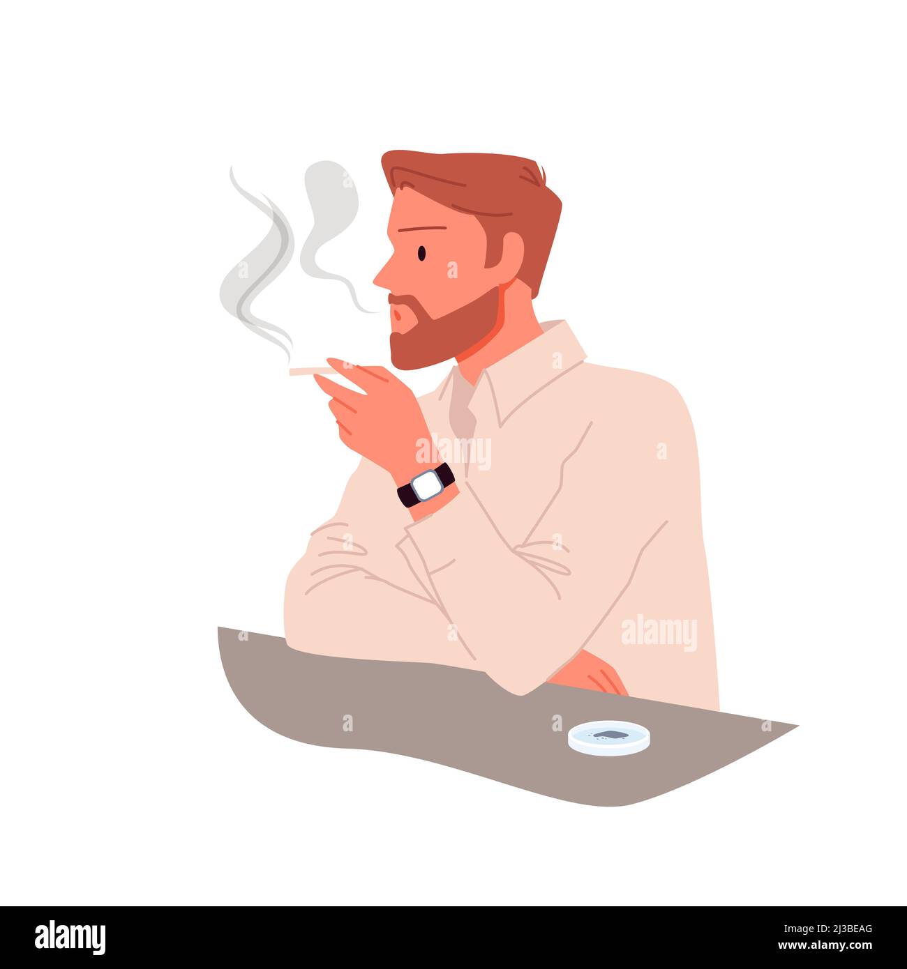 Jeune homme fumant du tabac, homme fumant assis à la table avec cendrier, tenant la cigarette Illustration de Vecteur