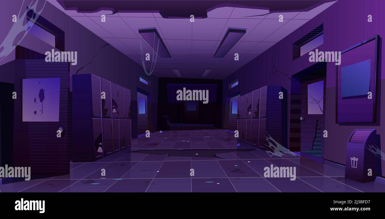 L'intérieur du couloir de l'école a été abandonné la nuit. Couloir délabré avec de vieux casiers, toile d'araignée sur des murs cassés et des portes fissurées, trous dans le plancher, Carto Illustration de Vecteur