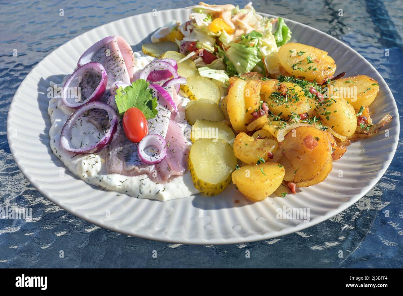 Matjes ou hareng soyeux dans une sauce à la crème de pomme avec des oignons, des pommes de terre frites, des cornichons et de la salade sur une assiette dans un restaurant en plein air par une belle journée d'été Banque D'Images