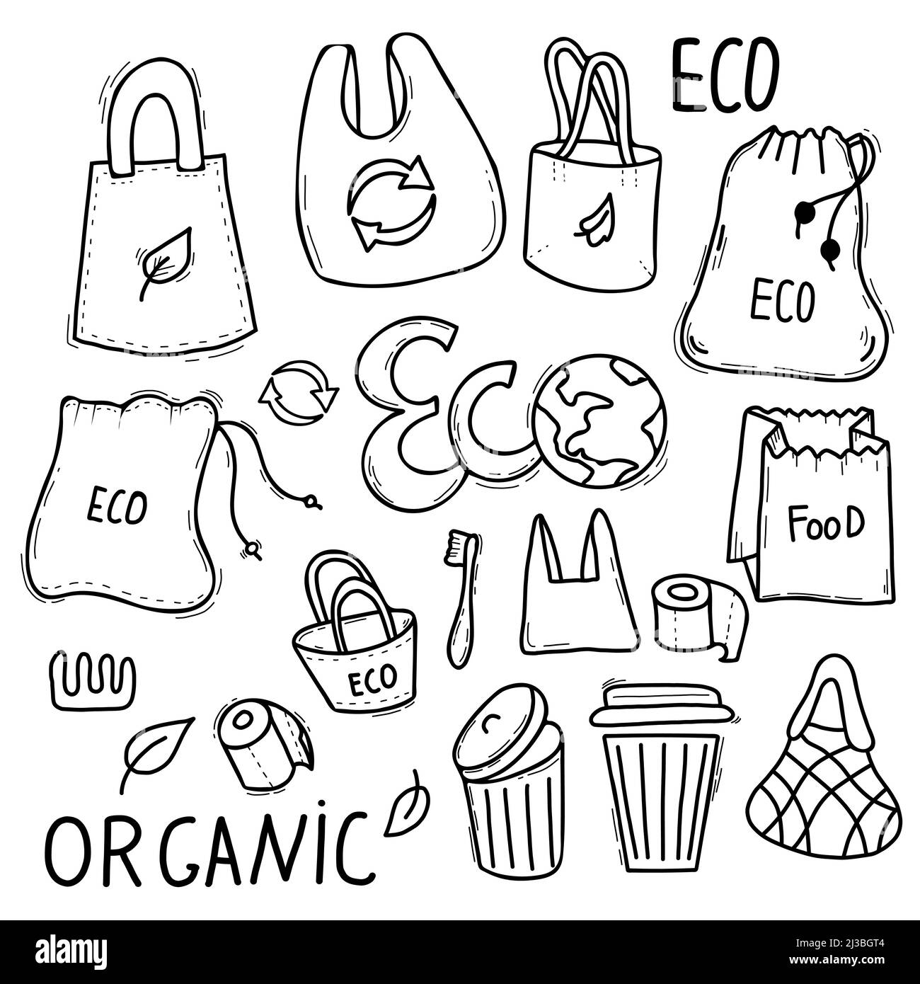 Concept d'écologie. Pas de plastique, biologique, écologique approche, poubelles et planète terre, papier et sacs écologiques. Ensemble d'icônes linéaires style vecteur illustr Illustration de Vecteur