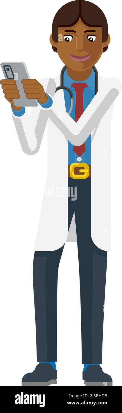 Médecin tenant le personnage de dessin animé du téléphone portable Illustration de Vecteur