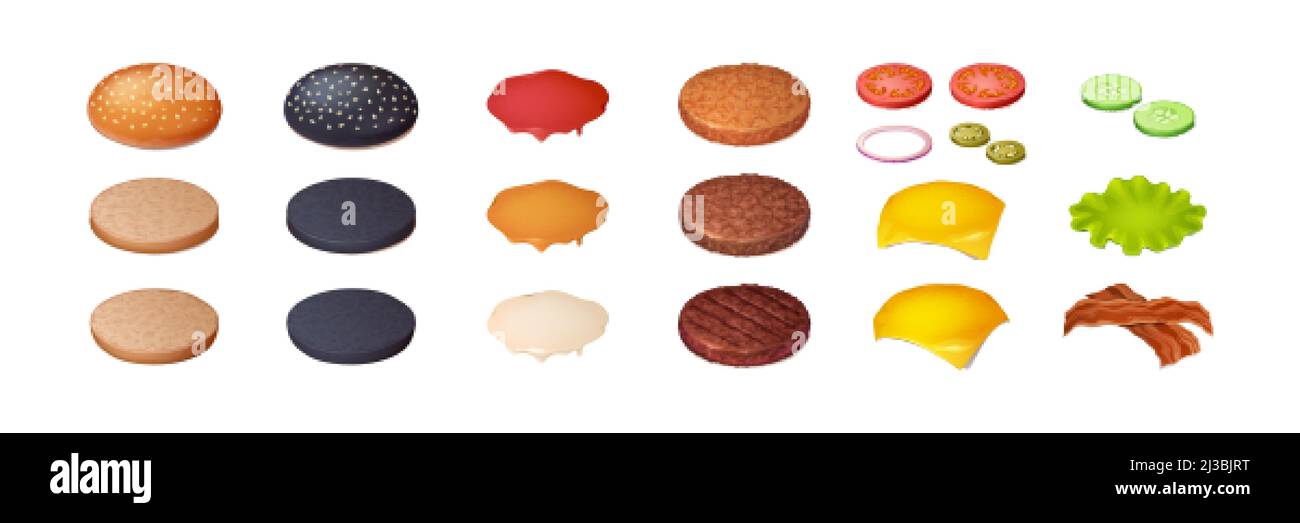 Ensemble d'ingrédients de hamburger, petits pains de fabricant de hamburger avec sésame, laitue, bacon et tranche de fromage avec concombres, tomate et cornichons avec rondelles d'oignon Illustration de Vecteur Ensemble d'ingrédients de hamburger, petits pains de fabricant de hamburger avec sésame, laitue, bacon et tranche de fromage avec concombres, tomate et cornichons avec rondelles d'oignon Illustration de Vecteur