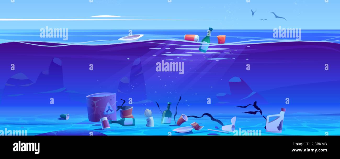 Pollution de l'océan par les déchets de plastique et la litière. Dessin animé vectoriel de la mer avec des tasses flottantes, des bouteilles et des ordures dans l'eau et sur le fond. Pollut Illustration de Vecteur