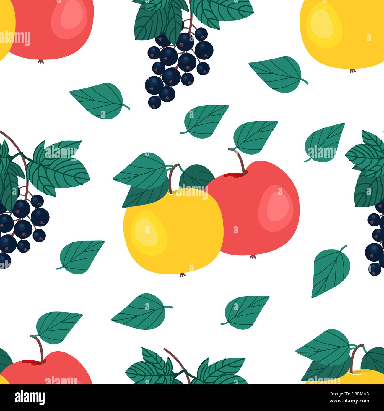 Raisins de Corinthe noirs mûrs et pommes sans couture. Branche de cassis. Baies vitaminées. Illustration vectorielle. Imprimé fruits Illustration de Vecteur