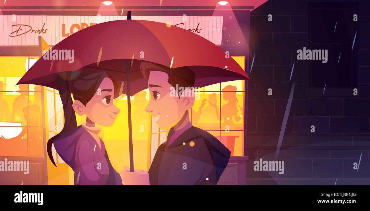 Histoire d'amour, couple se tenir sous le parapluie à la rue de nuit de pluie face de la fenêtre lumineuse de café. Relations romantiques. Homme aimant et femme en plein air datant, c Illustration de Vecteur