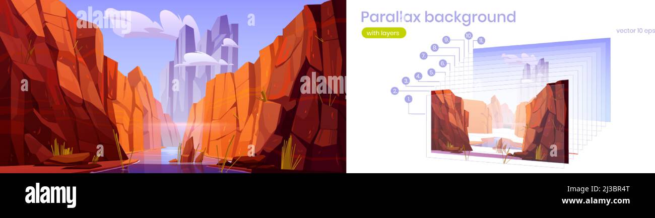 Parallax fond Grand Canyon avec rivière, parc national de l'Arizona, montagnes de grès rouge, horizon avec rochers de sable et ciel, paysage de la nature sepa Illustration de Vecteur