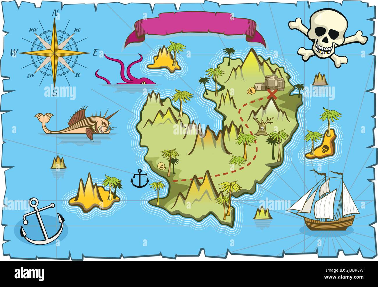 Modèle de carte pirate. Île au Trésor dans la mer bleue Illustration de Vecteur