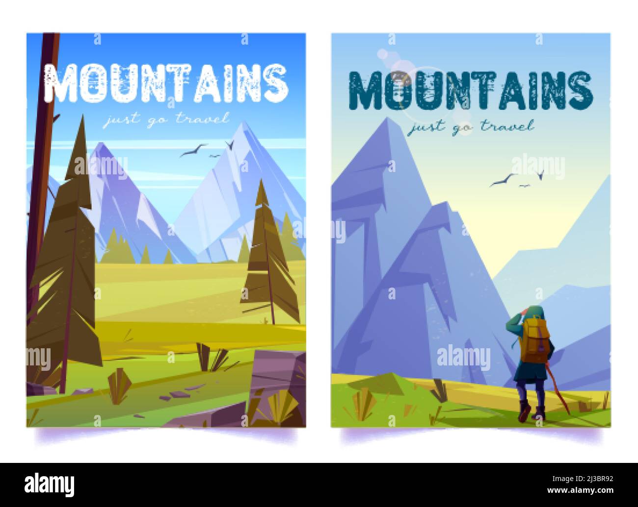 Femme randonneur avec bâton et sac à dos voyage dans la vallée de la montagne. Affiches vectorielles avec illustration de dessins animés du paysage d'été avec des rochers, des pins et des gir Illustration de Vecteur