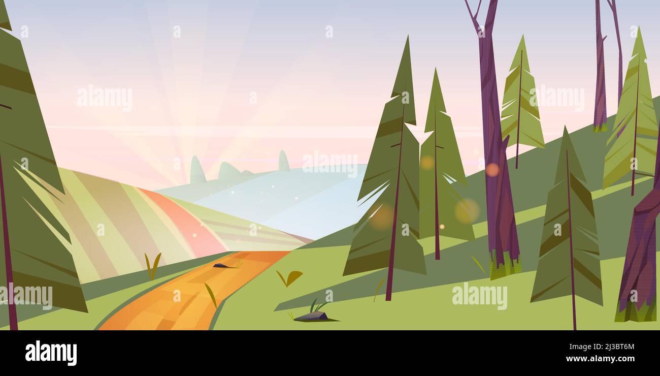 Paysage d'été avec champs verts, collines et forêt de conifères le matin. Illustration vectorielle de l'aube en campagne avec terres agricoles, pin t Illustration de Vecteur