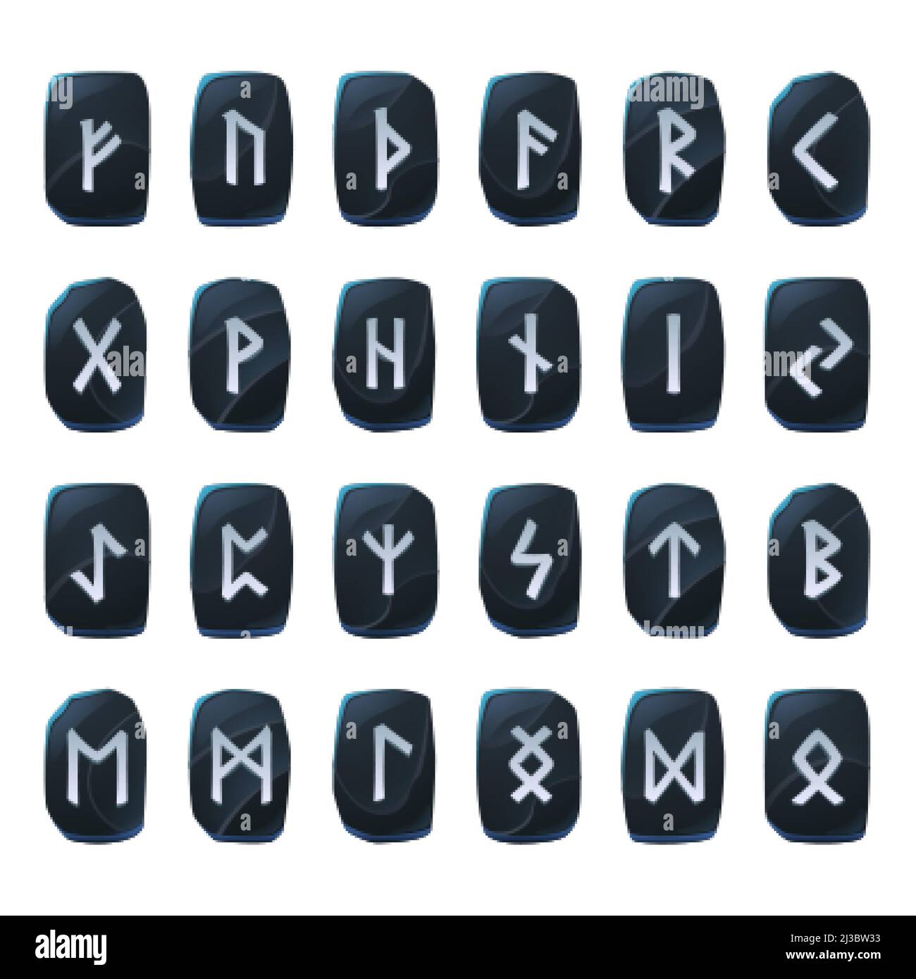 Ensemble de runes de jeu d'onyx, alphabet antique nordique, symboles du futuriste celtique viking gravés sur des pièces en pierre noire. Signes occulte ésotériques, interface utilisateur mystique ou gui Illustration de Vecteur