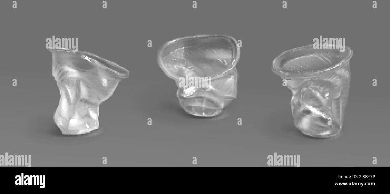 Tasses en plastique utilisées, verres jetables transparents.Ensemble vectoriel réaliste de tasses vides et crumeuses pour l'eau, le jus, le thé et les boissons.Concept de recy Illustration de Vecteur