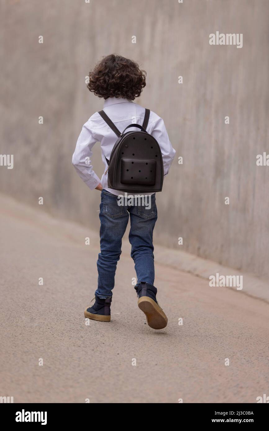 Vue de l'arrière du petit garçon d'école marchant dans la rue pour aller à l'école Banque D'Images