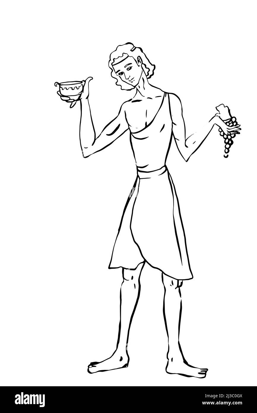 Mythologie grecque Dieux, Dionysus,illustration ,fond blanc,dessin de ligne. Banque D'Images