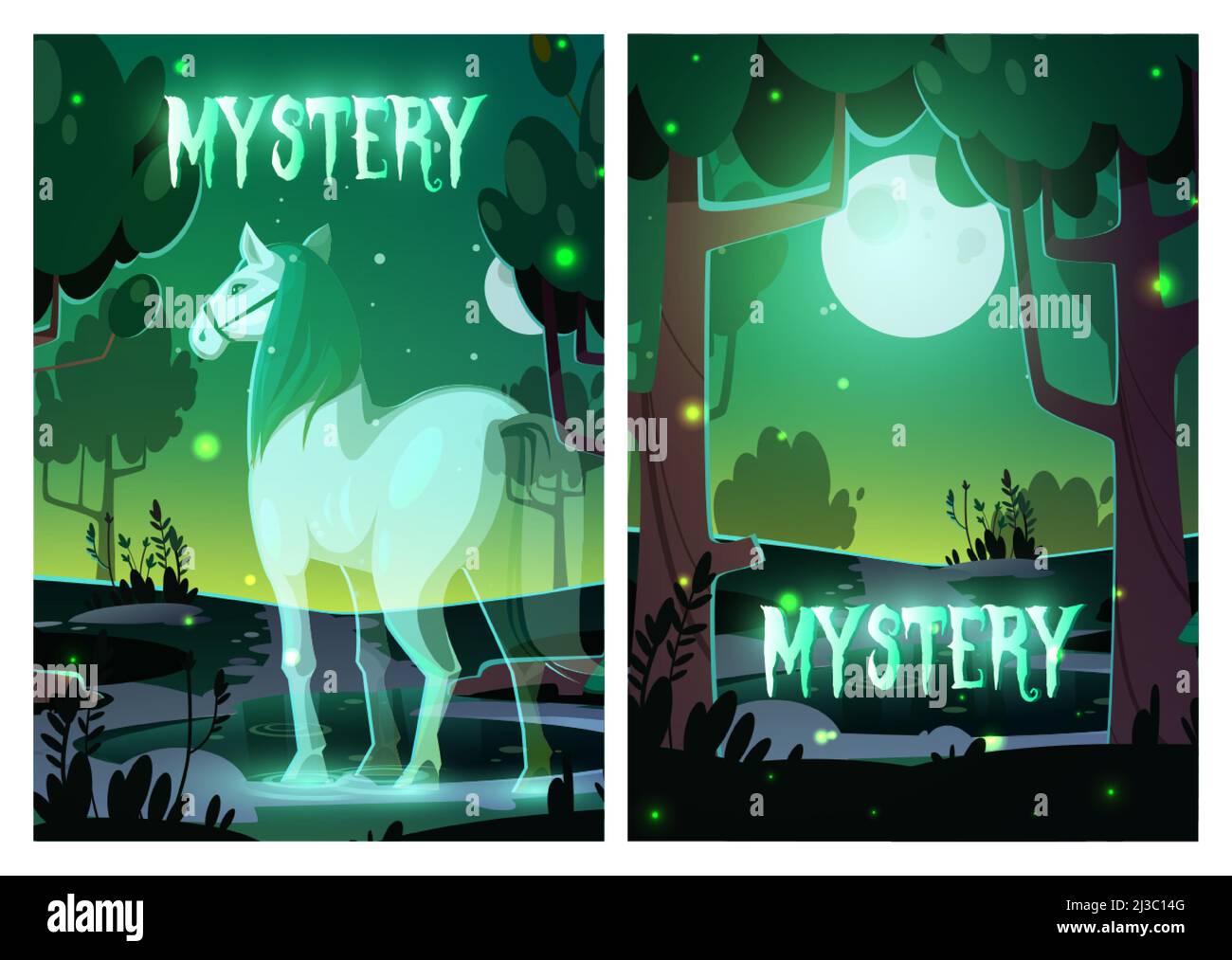 Affiches de cartoon de mystère ou d'horreur, âme de cheval dans la forêt de nuit sous pleine lune, équine mystique avec corps phosphorescent en bois, amon de la nature totémique animal marche Illustration de Vecteur