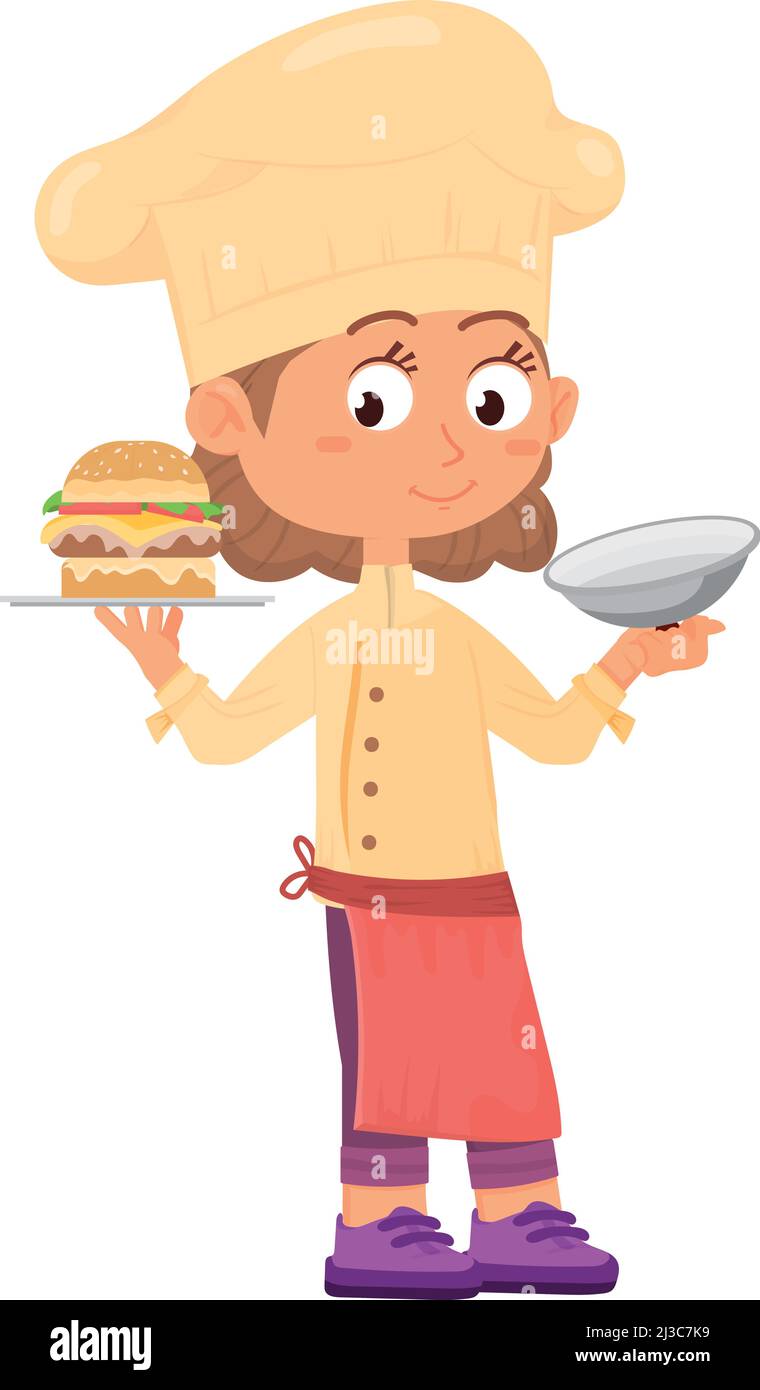 Chef fille avec hamburger sur l'assiette de service. Enfant avec plat Illustration de Vecteur