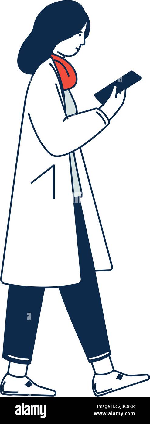 Femme marchant regardant l'écran du téléphone. Vue latérale du personnage Illustration de Vecteur