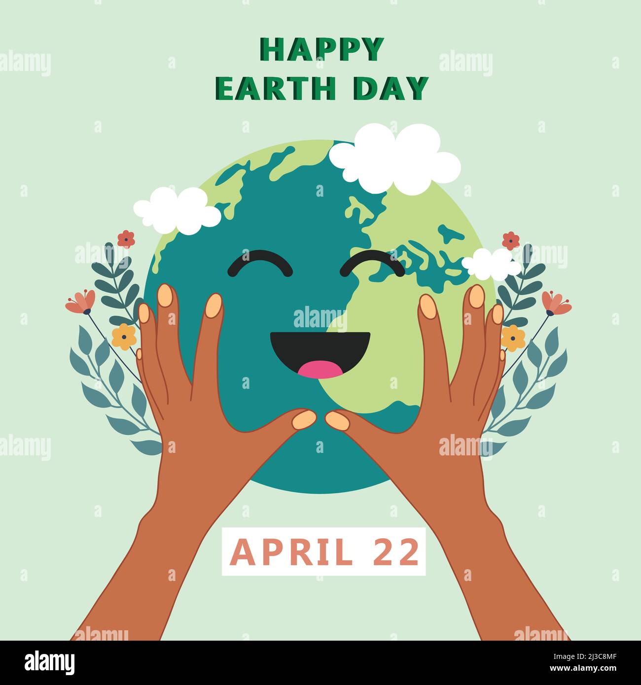 Arrière-plan de l'illustration vecteur jour de la terre heureux. Arrière-plan de l'illustration vecteur jour de la terre heureux. Joyeux visage mignon terre dessin animé. Bonne lettre du jour de la terre Illustration de Vecteur