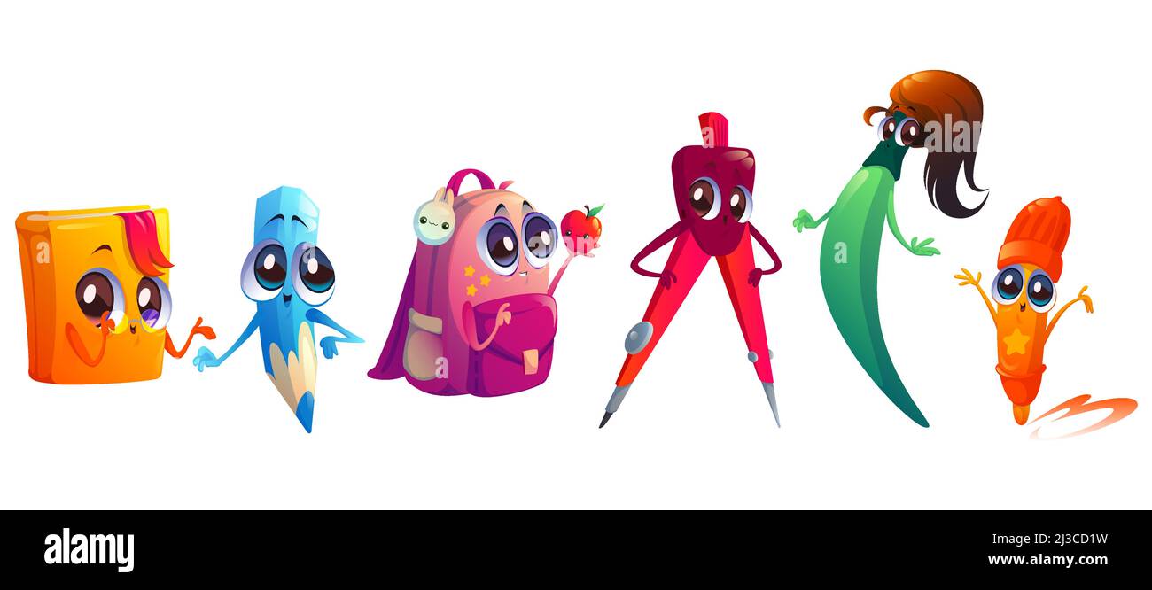 L'école fournit des personnages de dessin animé.Éducation des étudiants papeterie mascottes crayon, feutre stylo, pinceau, manuel, sac à dos et boussole avec coupe Illustration de Vecteur