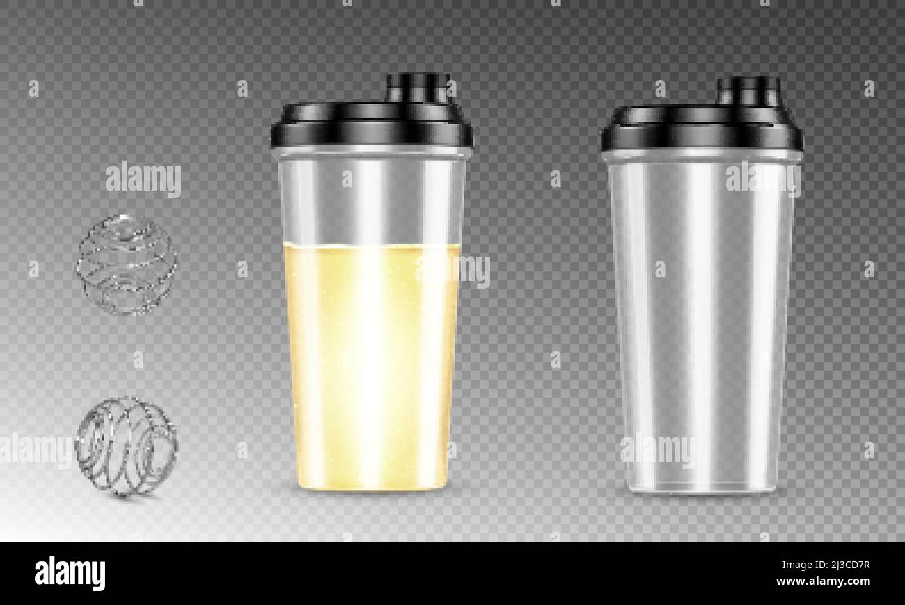Agitateur à protéines avec boule de blender, tasses pleines et vides pour la nutrition sportive et boissons pour le bac à café.Flacons en plastique avec sphères à ressort en métal, batteur pour salle de sport Illustration de Vecteur