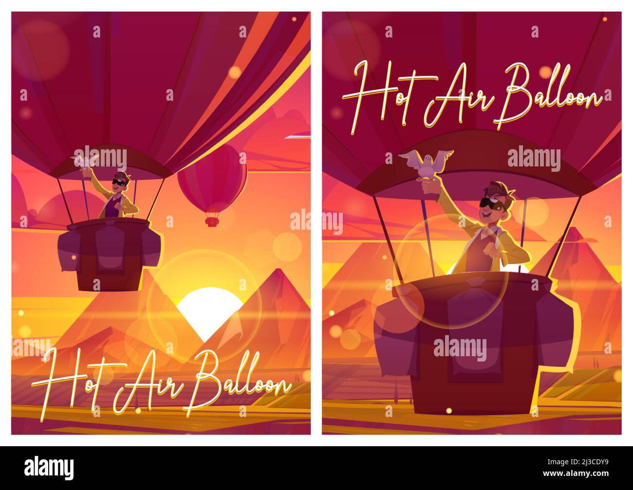 Des affiches en montgolfière avec homme et colombe survolent les champs dans la vallée de la montagne au coucher du soleil.Flyers vectoriels avec paysage de soirée de dessin animé et couleur volant Illustration de Vecteur
