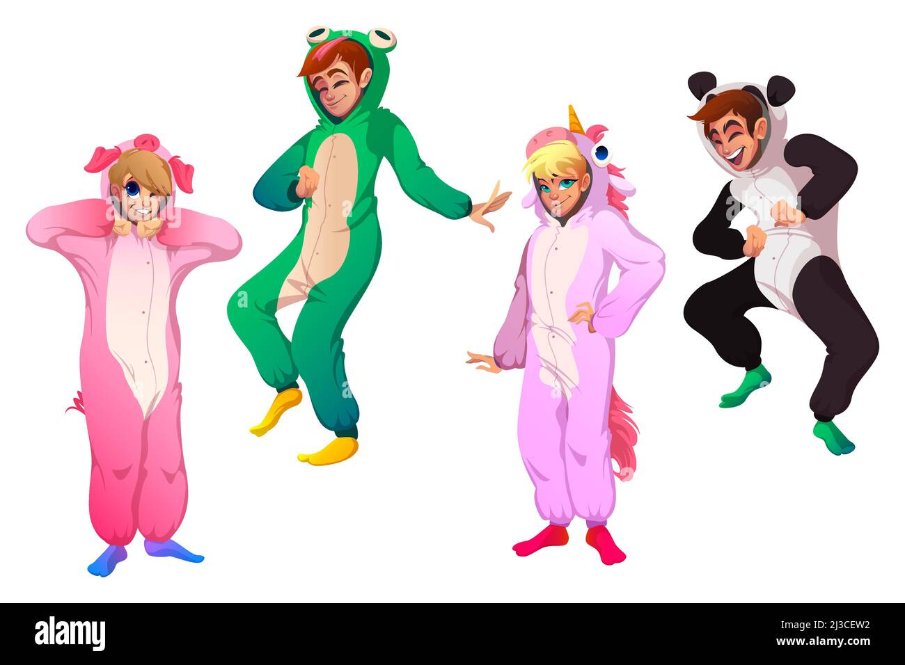 Personnages en costumes d'animaux, personnes en kigurumi sur la fête de pyjama.Ensemble de dessins animés vectoriels d'hommes et de femmes heureux en pyjama drôle de cochon, licorne, grenouille A. Illustration de Vecteur