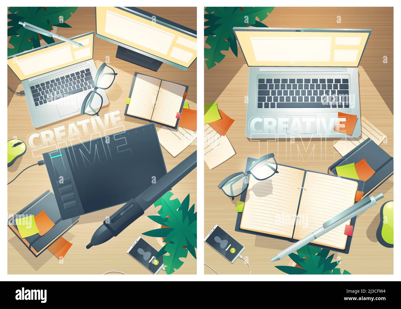 Affiches créatives avec vue de dessus de l'espace de travail du concepteur.Prospectus vectoriels avec dessin animé plat de l'espace de travail de l'artiste créatif avec ordinateur portable, table graphique Illustration de Vecteur