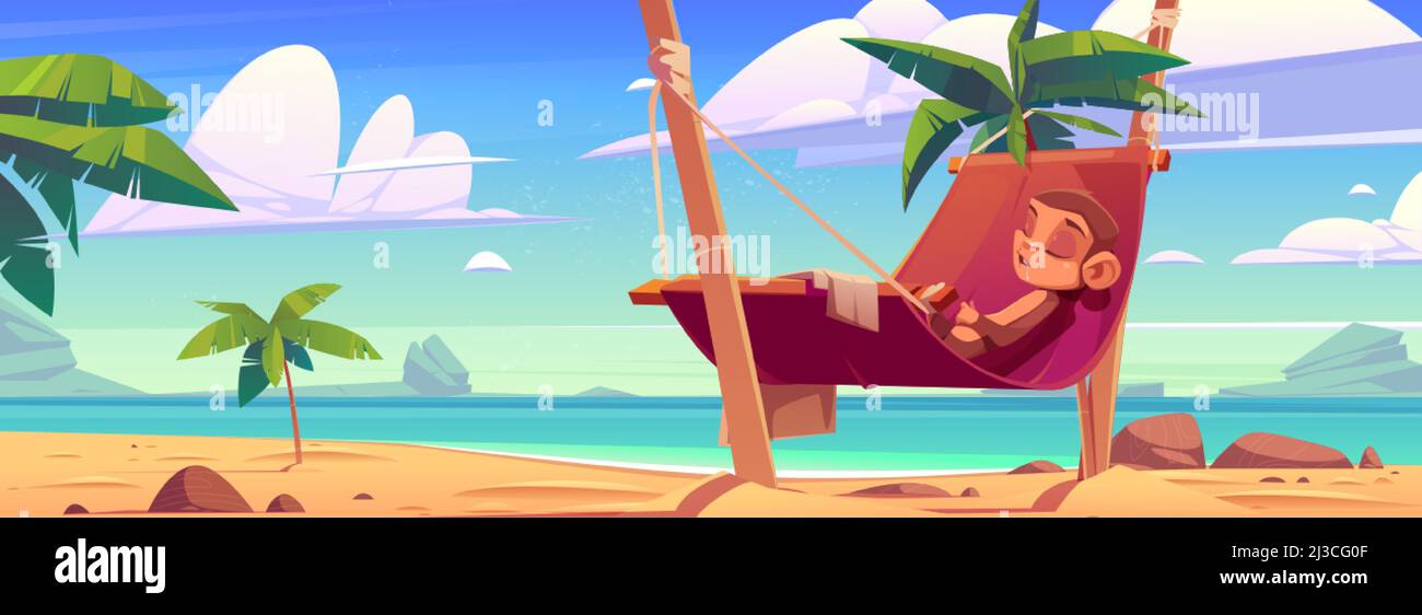 Singe drôle dormant dans un hamac sur une plage tropicale en bord de mer avec vue sur l'océan, rochers et palmiers, adorable personnage de bande dessinée style de vie décontracté, outdoo Illustration de Vecteur