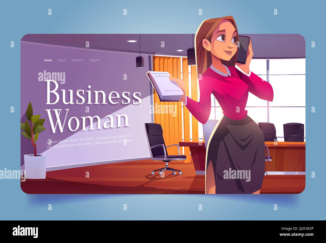 Une femme d'affaires travaille dans la page d'accueil de dessin animé de  bureau, carrière de femme d'affaires, secrétaire ou chef de dame avec un  smartphone et bloc-notes dans les mains travaillant dans