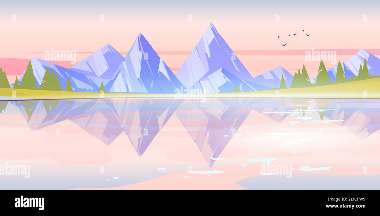 Paysage de lever de soleil avec lac, montagnes et arbres sur la côte.Dessin animé vectoriel de paysage de la nature avec forêt de conifères sur le rivage de la rivière, rochers, Illustration de Vecteur