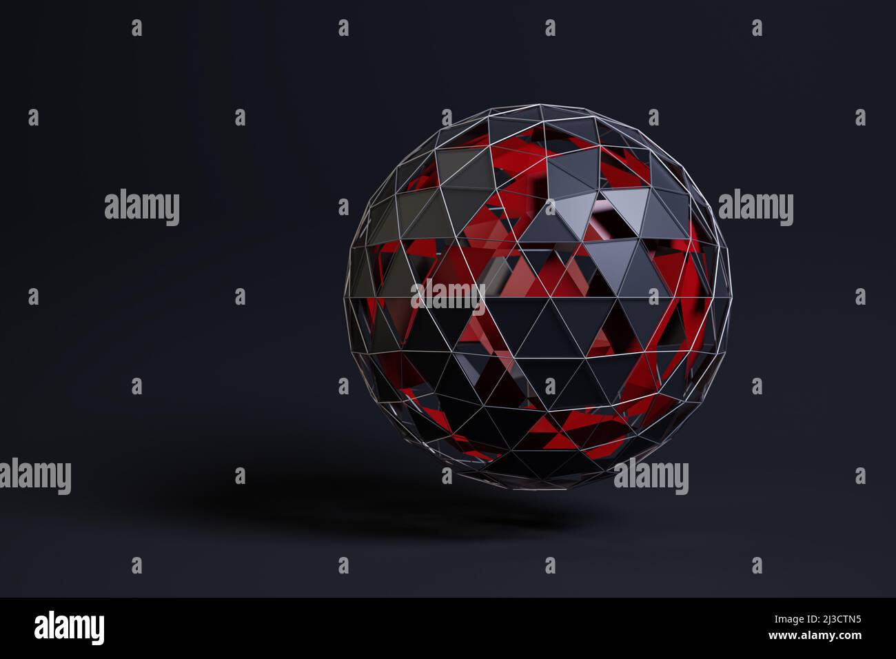 Sphère abstraite composée de triangles noirs bordés avec quelques trous. Une deuxième sphère rouge à l'intérieur. Arrière-plan sombre Banque D'Images