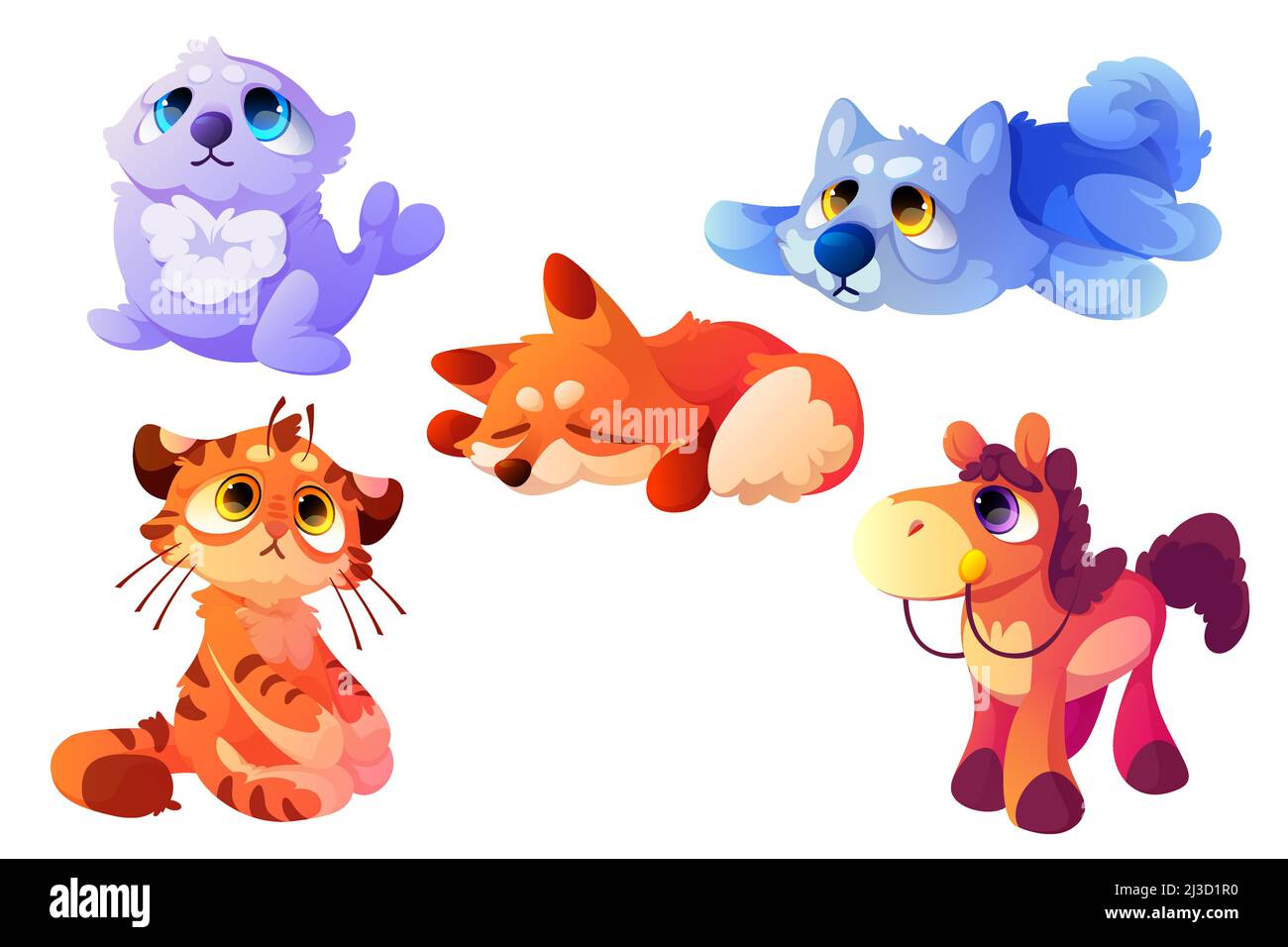 Animaux en peluche, jouets doux mignons pour bébés.Ensemble de dessins animés vectoriels de jouets moelleux drôle, joli chien en textile, chat, phoque, renard et cheval.Animaux sauvages an Illustration de Vecteur