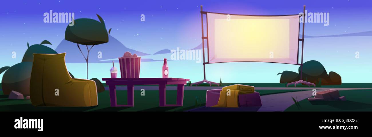Cinéma en plein air sur pelouse avec grand écran, chaises et table le soir.Illustration vectorielle de la cour ou du parc public avec équipement pour outdoo Illustration de Vecteur