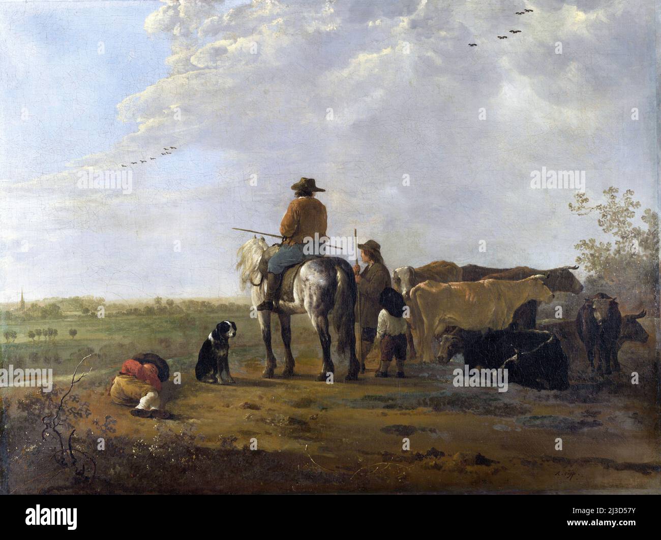 Aelbert Cuyp. Peinture intitulée 'Un Horseman avec un Cowherd et deux garçons dans un pré, et sept vaches' par le peintre néerlandais de l'âge d'or, Aelbert Jacobszoon Cuyp (1620-1691), huile sur toile, 1655-60 Banque D'Images