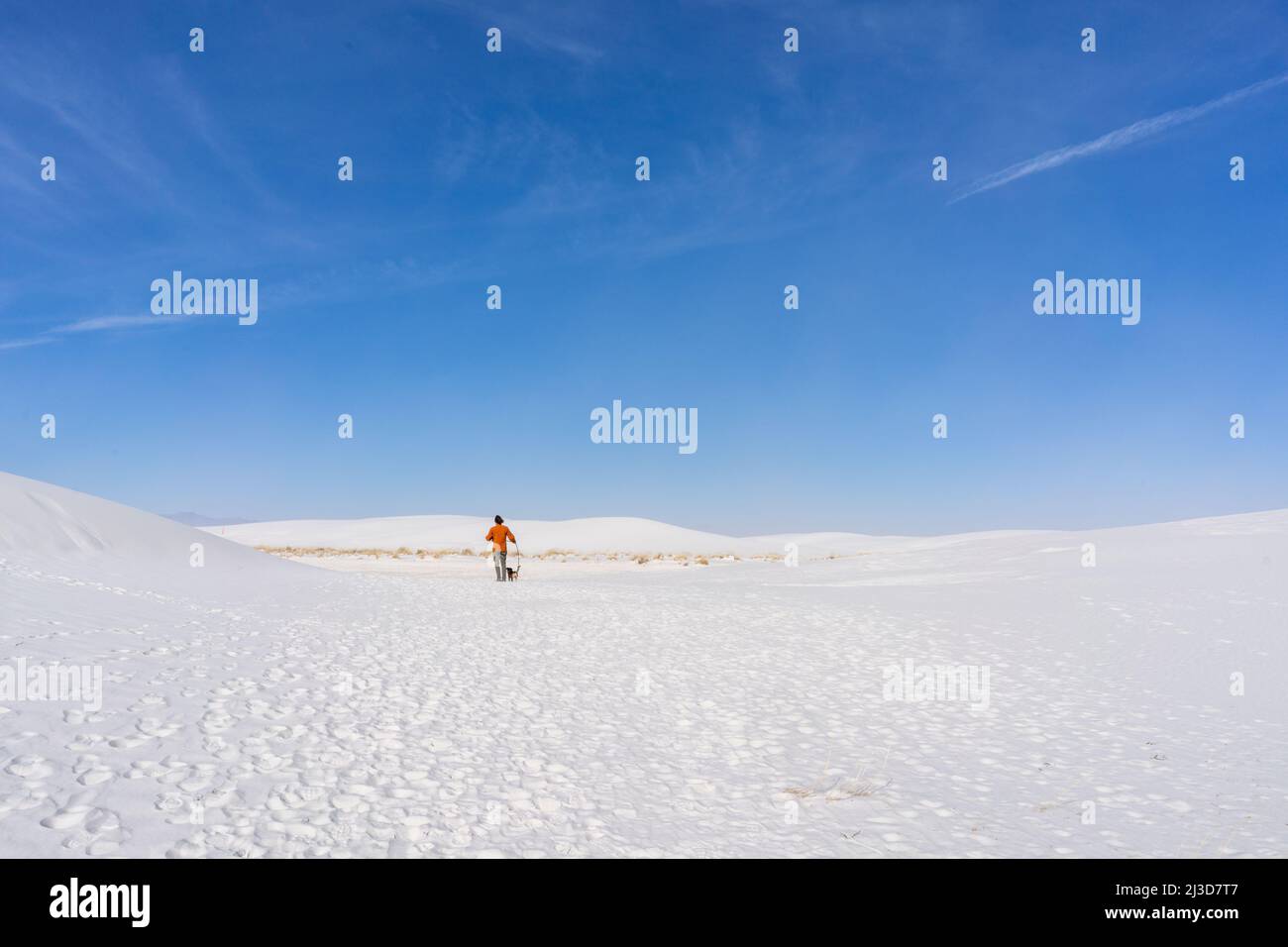 Les gens marchent à travers les dunes de gypse blanc dans le parc national de White Sands au Nouveau-Mexique se tiennent contre un grand ciel bleu lors d'une journée ensoleillée. Banque D'Images