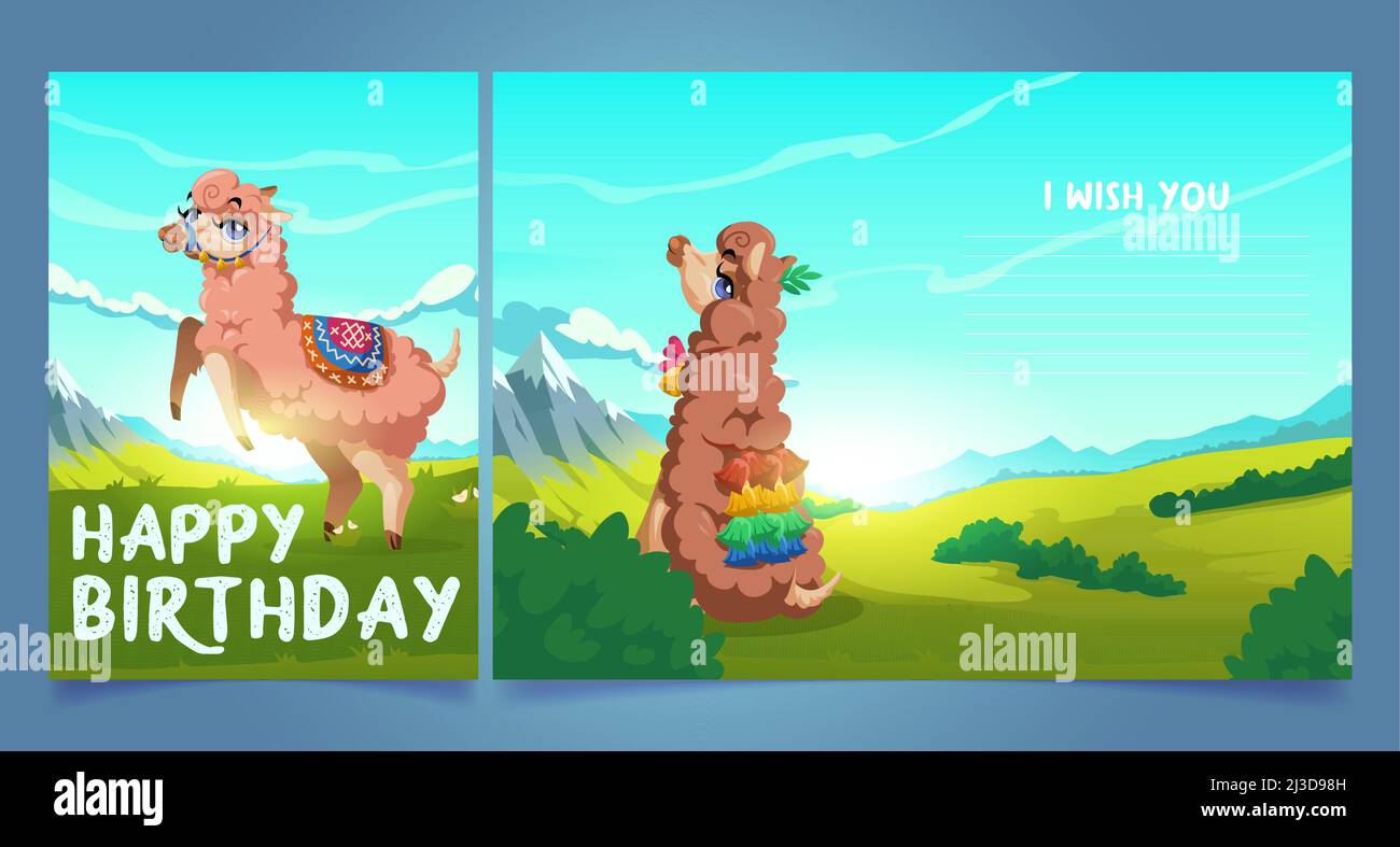 Carte de voeux pour joyeux anniversaire avec adorable lama, personnage de dessin animé d'un animal alpaga du Pérou.Le lama mexicain porte une couverture et des glands paître sur le cap des montagnes Illustration de Vecteur