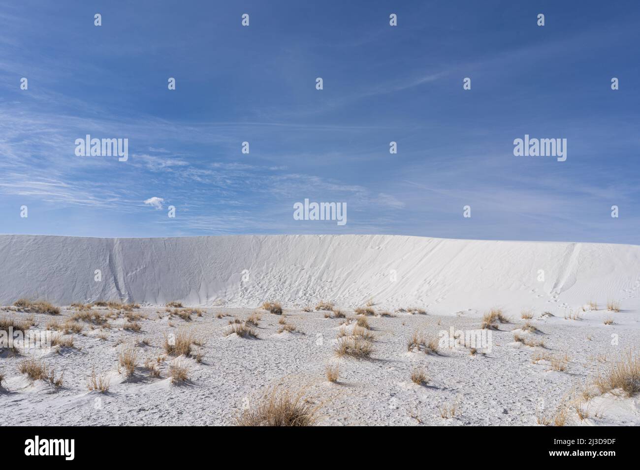 Les dunes de gypse blanc du parc national de White Sands au Nouveau-Mexique se tiennent contre un grand ciel bleu par une journée ensoleillée Banque D'Images