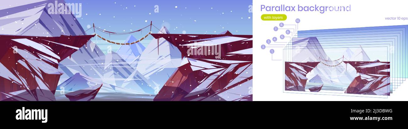 Jeu de parallaxe arrière-plan hiver 2D paysage en couches avec pont de corde suspendu de montagne au-dessus de la falaise profonde sous la neige en chute.Paysage nature rocheuse vie Illustration de Vecteur