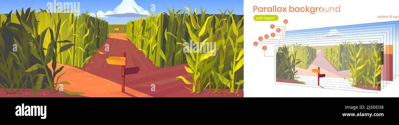 Fond de parallaxe champ de maïs avec des pointeurs de route en bois et des tiges de plante vert élevé.Paysage de dessin animé nature 2D paysage avec des couches séparées pour le jeu Illustration de Vecteur