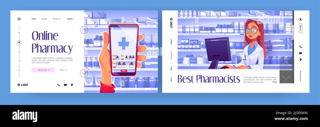 Pages d'accueil de dessin animé de pharmacie en ligne, smartphone main tenant avec application pour commander des médicaments sur Internet.Pharmacien en pharmacie près de l'étagère Illustration de Vecteur