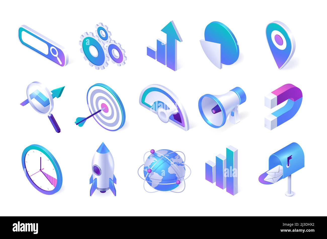 Isométrique seo et marketing icônes.Fenêtre du navigateur, Gears, graphiques à flèches et à secteurs, épinglette de carte, loupe et cible avec haut-parleur.Aimant, horloge, démarrage Illustration de Vecteur