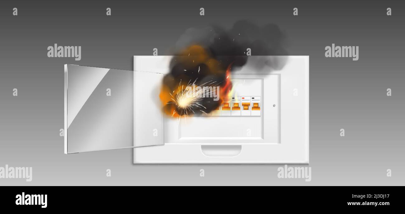 Boîte à fusibles dans le feu, court-circuit et surcharge dans le panneau électrique.Risque d'inflammation dû à des fils défectueux, court-circuit au niveau du système électrique domestique.Gravure switc Illustration de Vecteur
