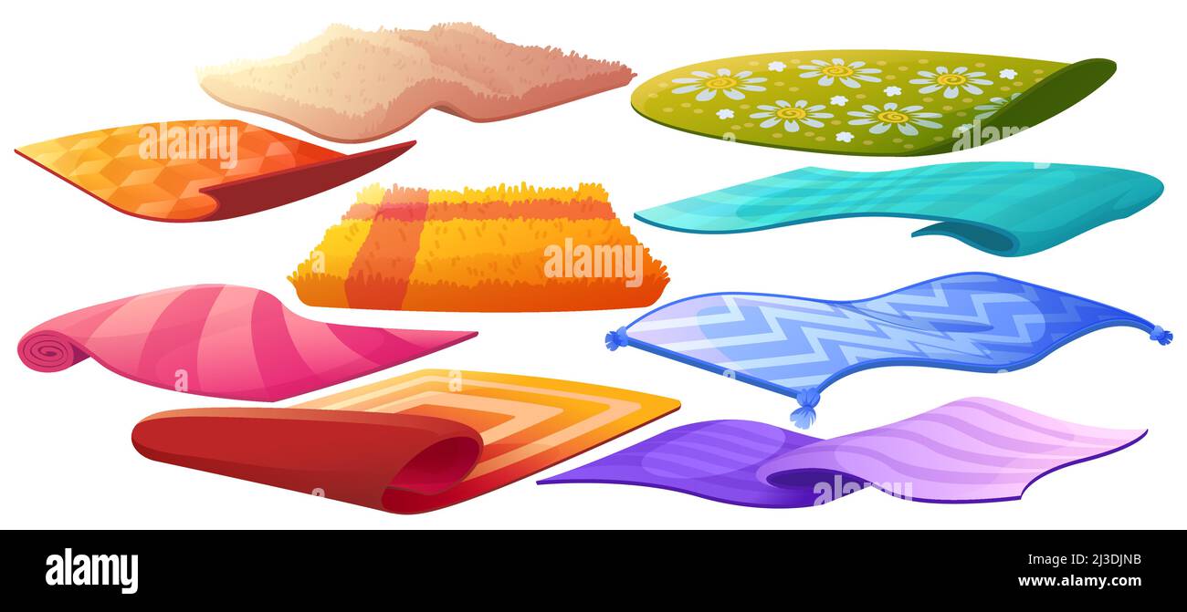 Ensemble de tapis ou de tapis de différentes formes, motifs et couleurs.Revêtement de sol en couches isolées, décoration intérieure, tapis avec glands, imprimé décoratif, CO Illustration de Vecteur