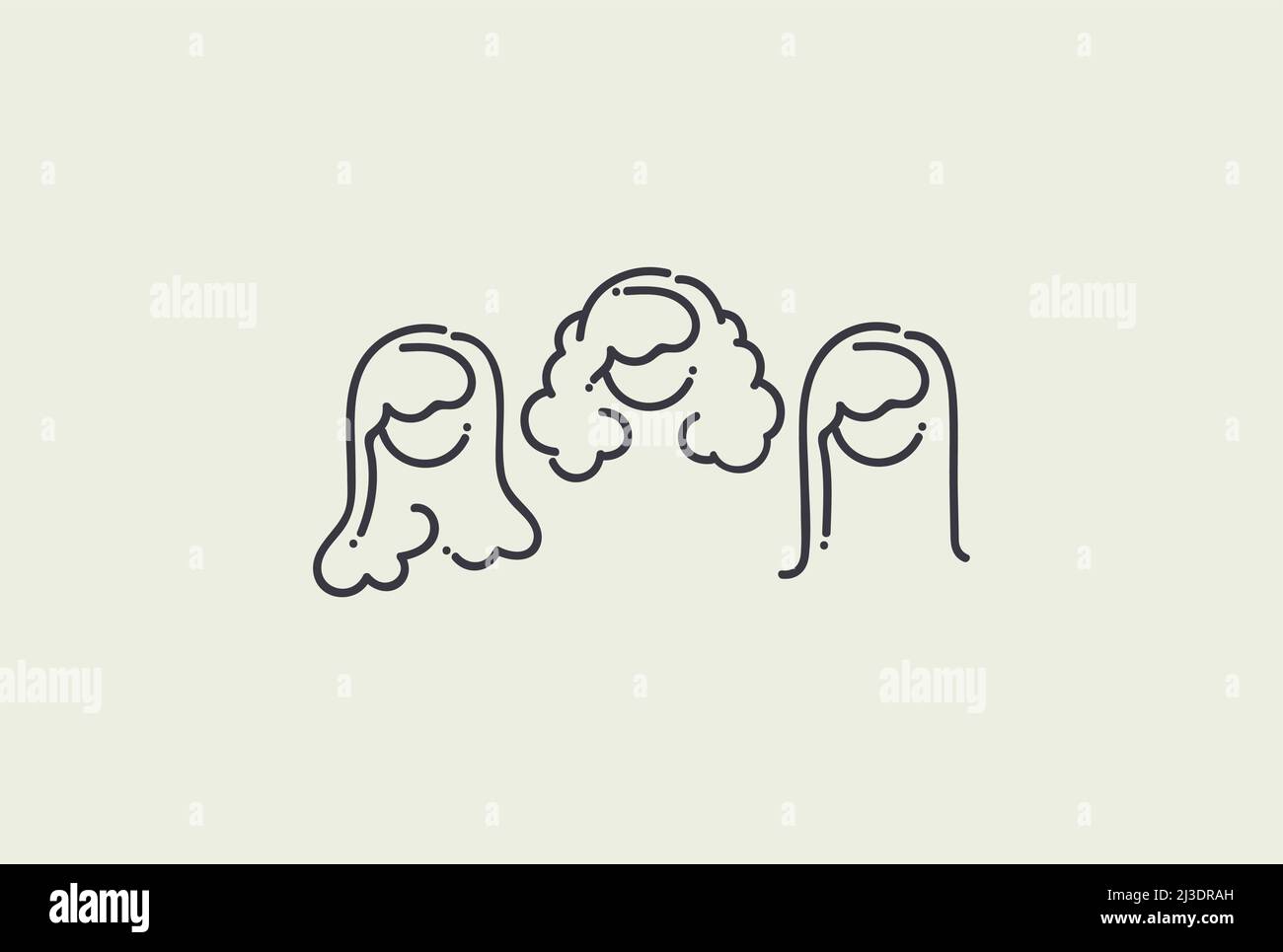 Collection de portraits de femmes linéaires vectoriels têtes pour avatars - 3 types de cheveux différents : droits, ondulés, bouclés. Portraits linéaires simples Illustration de Vecteur