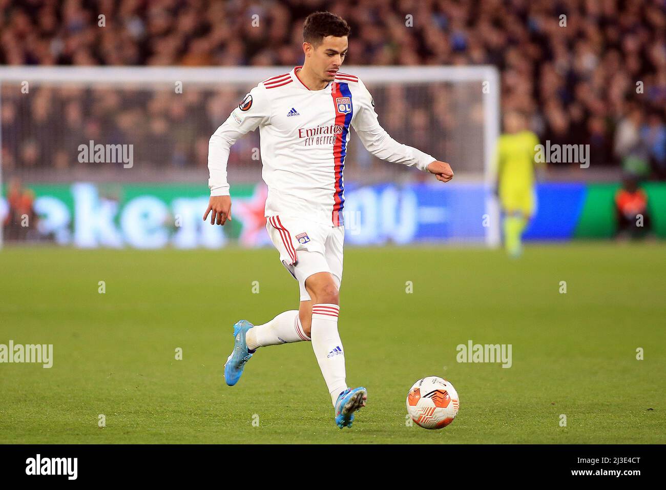 Londres, Royaume-Uni. 07th avril 2022. Romain Faivre de Lyon en action pendant le match. Match de l'UEFA Europa League, quart de finale 1st LEG, West Ham Utd / Lyon au stade de Londres, Parc olympique Queen Elizabeth à Londres, le jeudi 7th avril 2022. Cette image ne peut être utilisée qu'à des fins éditoriales. Utilisation éditoriale uniquement, licence requise pour une utilisation commerciale. Aucune utilisation dans les Paris, les jeux ou les publications d'un seul club/ligue/joueur. photo par Steffan Bowen/Andrew Orchard sports photographie/Alay Live news crédit: Andrew Orchard sports photographie/Alay Live News Banque D'Images