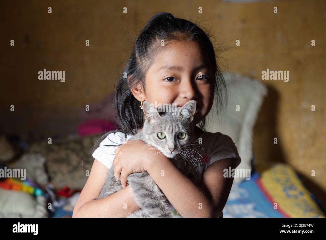 Petite fille embrassant son chat - fille hispanique à la maison avec son animal de compagnie Banque D'Images