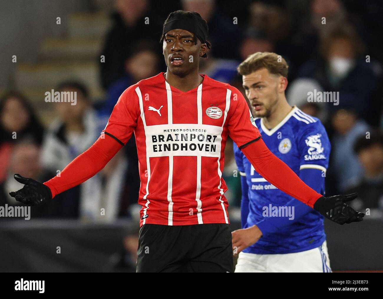 Leicester, Angleterre, le 7th avril 2022. Noni Madueke de PSV Eindhoven lors du match de l'UEFA Europa Conference League au King Power Stadium, Leicester. Le crédit photo doit être lu : Darren Staples / Sportimage Banque D'Images