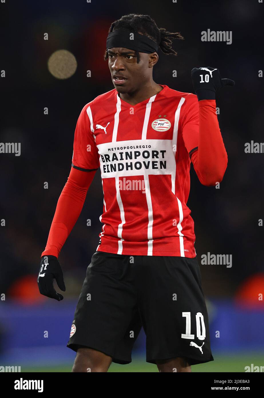 Leicester, Angleterre, le 7th avril 2022. Noni Madueke de PSV Eindhoven lors du match de l'UEFA Europa Conference League au King Power Stadium, Leicester. Le crédit photo doit être lu : Darren Staples / Sportimage Banque D'Images