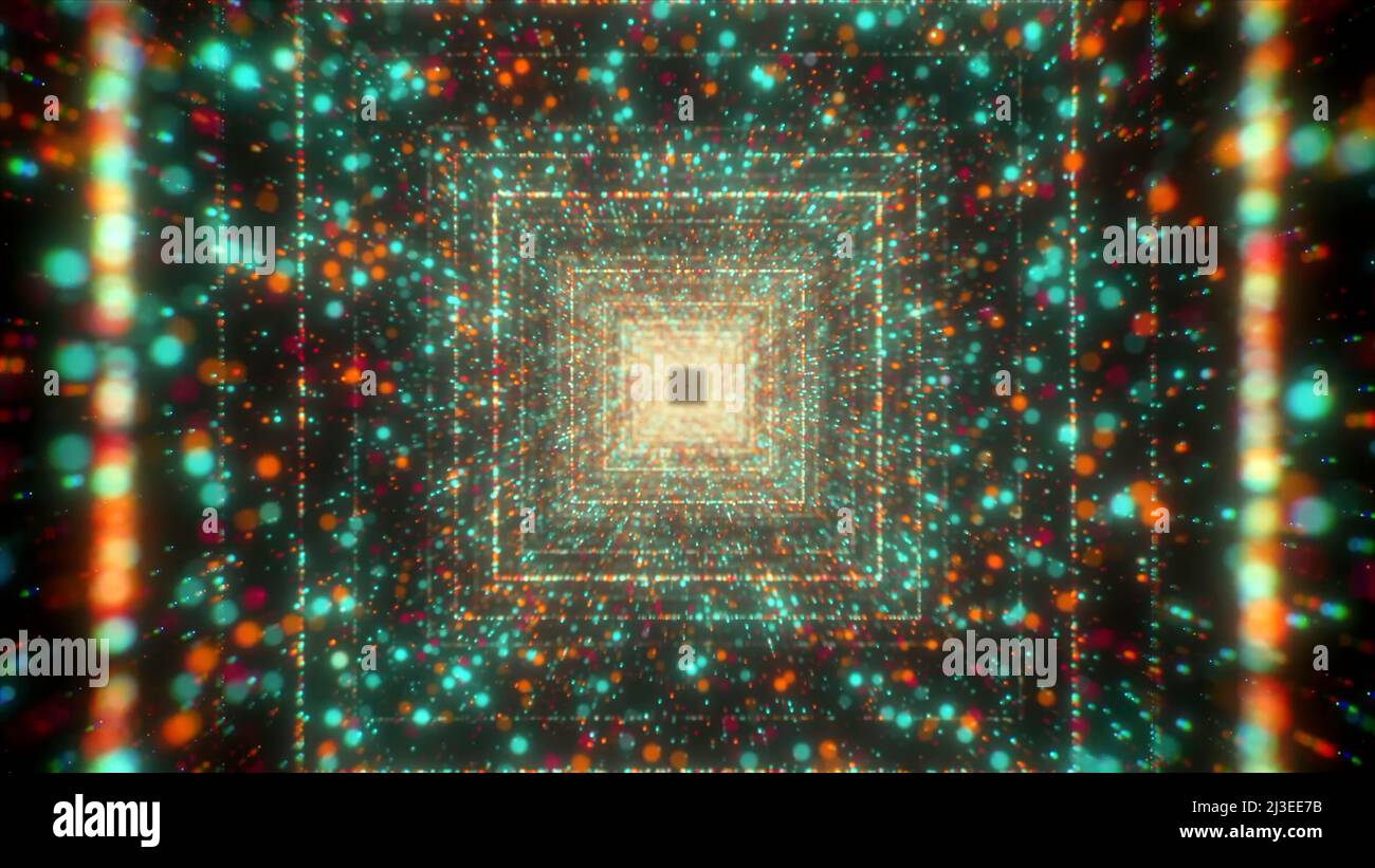 Tunnel carré de lumière de néon infinie de particules de point luminescentes. Mouvement. Une expérience de la cyber-technologie, survolant un tunnel magique. Banque D'Images