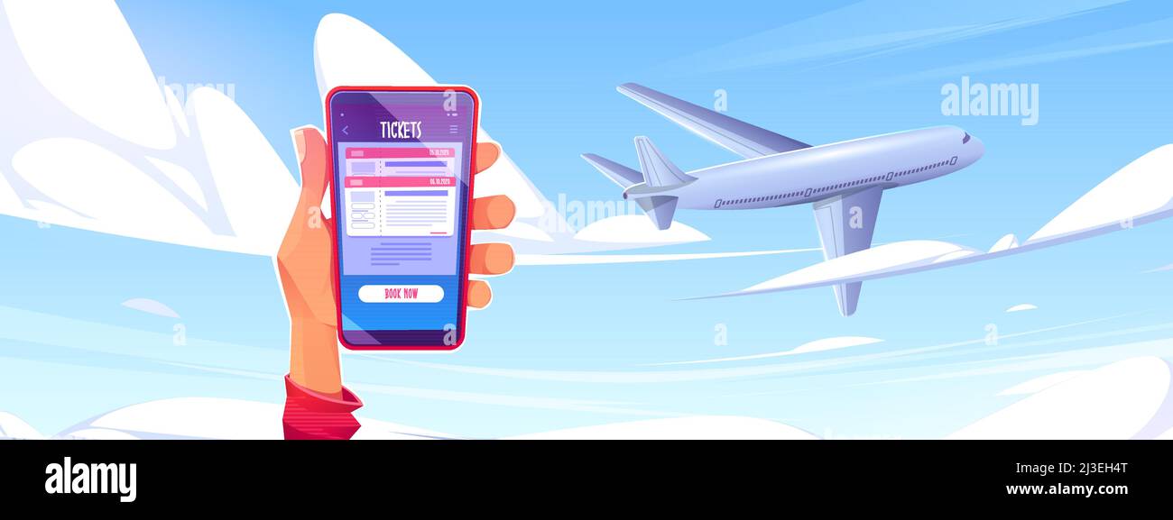 Acheter un billet d'avion en ligne concept avec vol d'avion dans le ciel et  main tenant le téléphone mobile avec la page de service de réservation. Application de voyage en avion sur sma