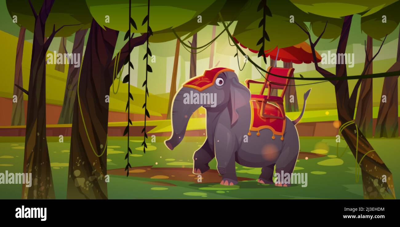 Éléphant indien avec howdah et parapluie dans la jungle.Illustration vectorielle du paysage forestier d'été avec des arbres, des lianes, de l'herbe verte et du décorat Illustration de Vecteur